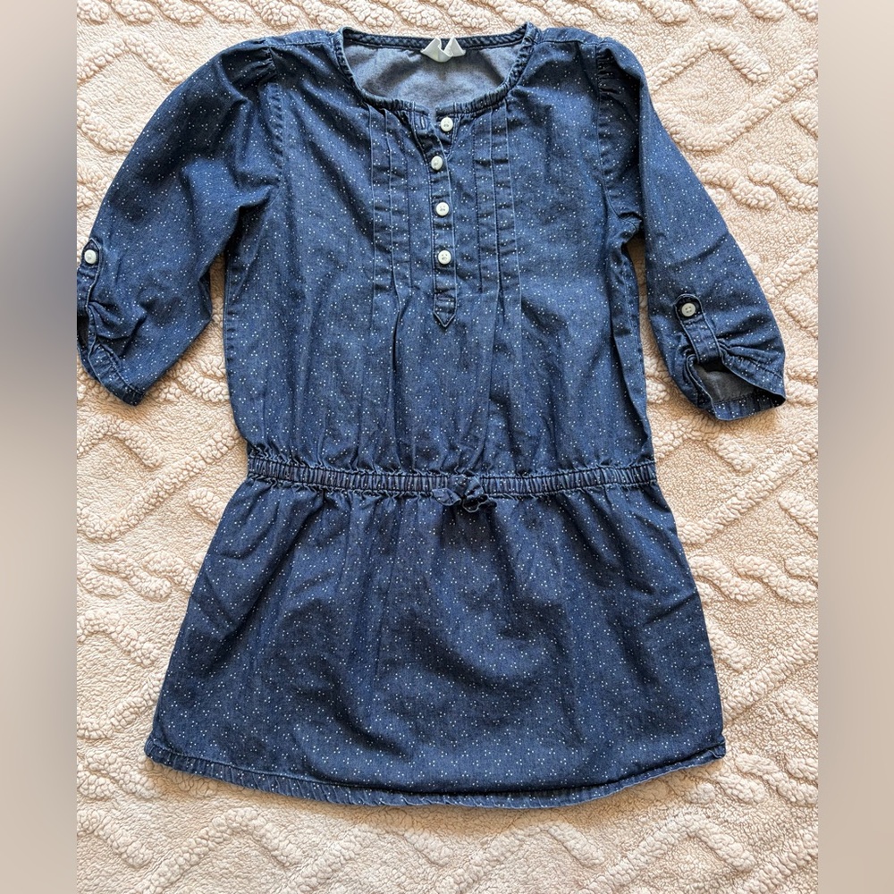 Girls Half Sleeve Dress - Dark Blue Denim Look Dress With Buttons, Size 7